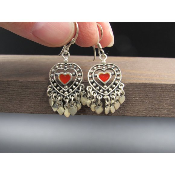 Sterling Silver Small Red Inlay Heart Fancy Rustic Earrings Vintage Wedding - Picture 3 of 7